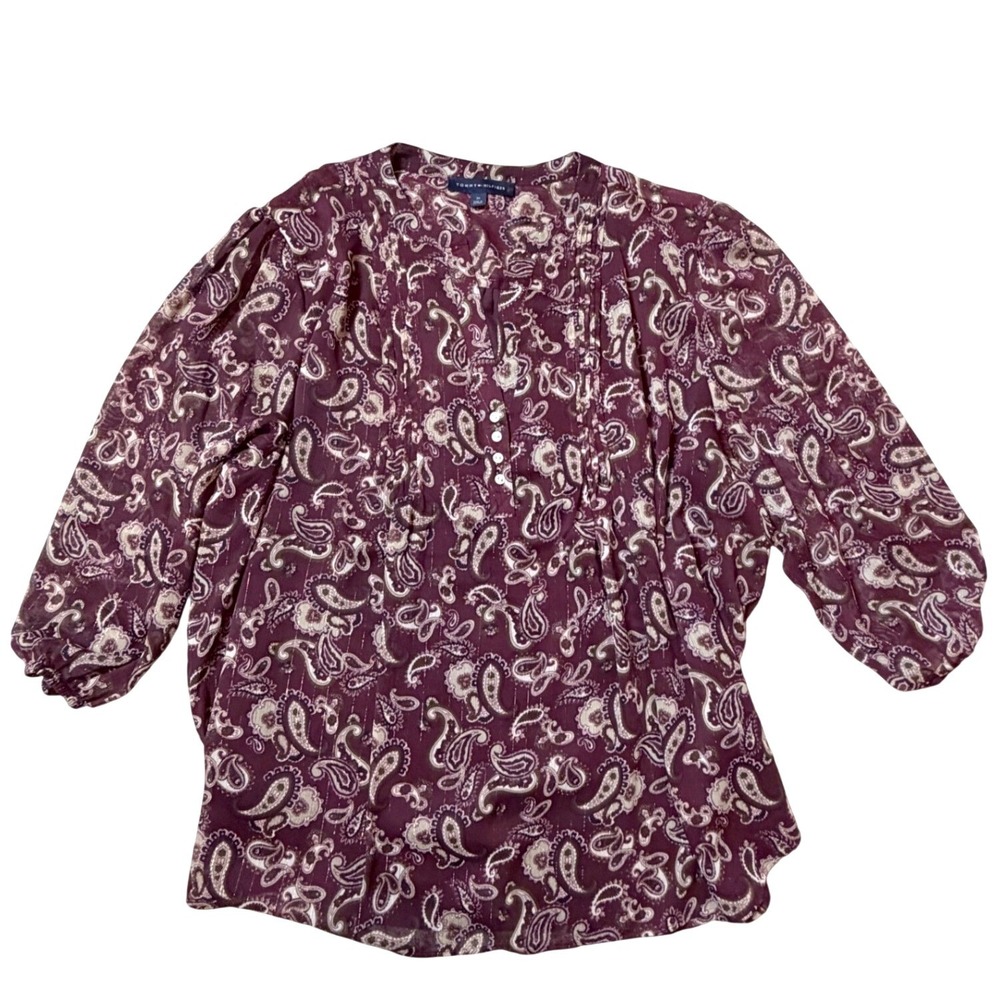 Tommy Hilfiger Womens 3X Paisley Blouse Burgundy 3/4 Balloon Sleeve Top Office